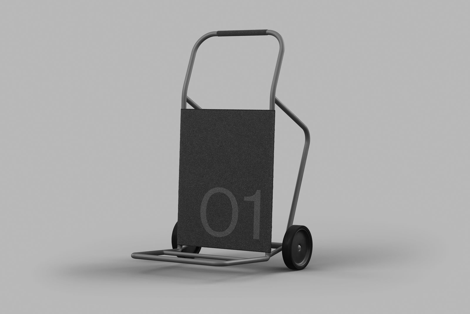 Hand truck mockup with a black rectangular panel showing number 01. Ideal for graphic designers creating packaging or tech-related product visuals.