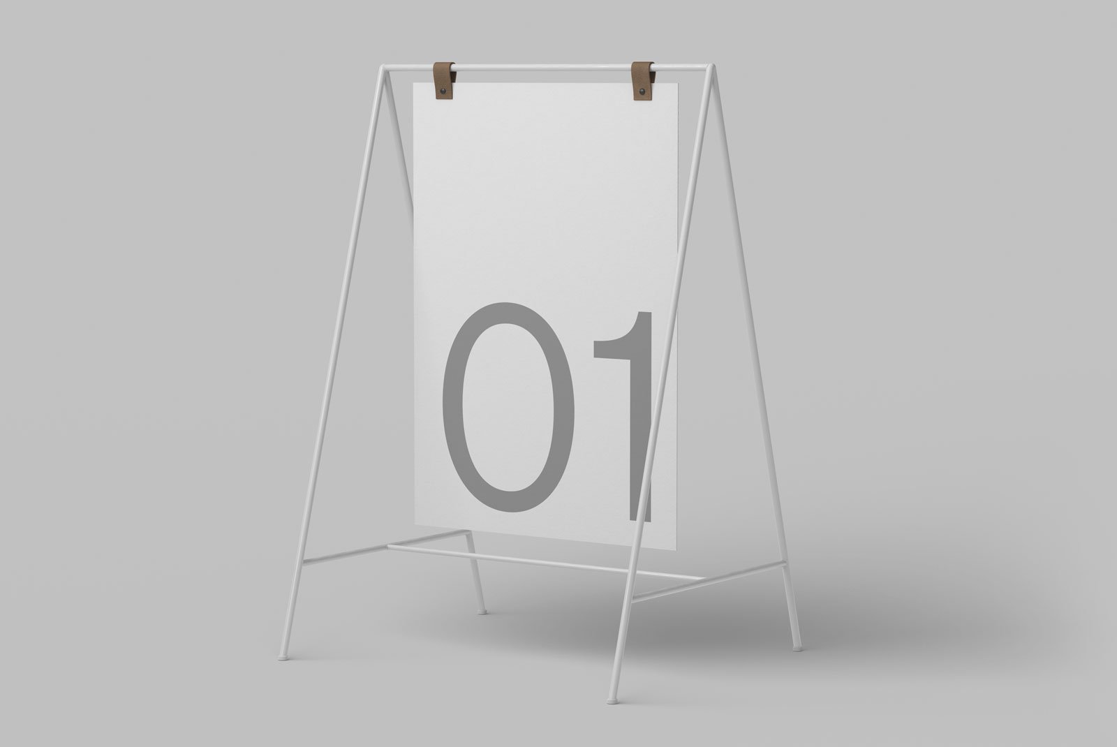 Minimalist billboard mockup with a white A-frame and large number 01. Perfect for displaying graphic designs, print mockups, and advertising visuals.