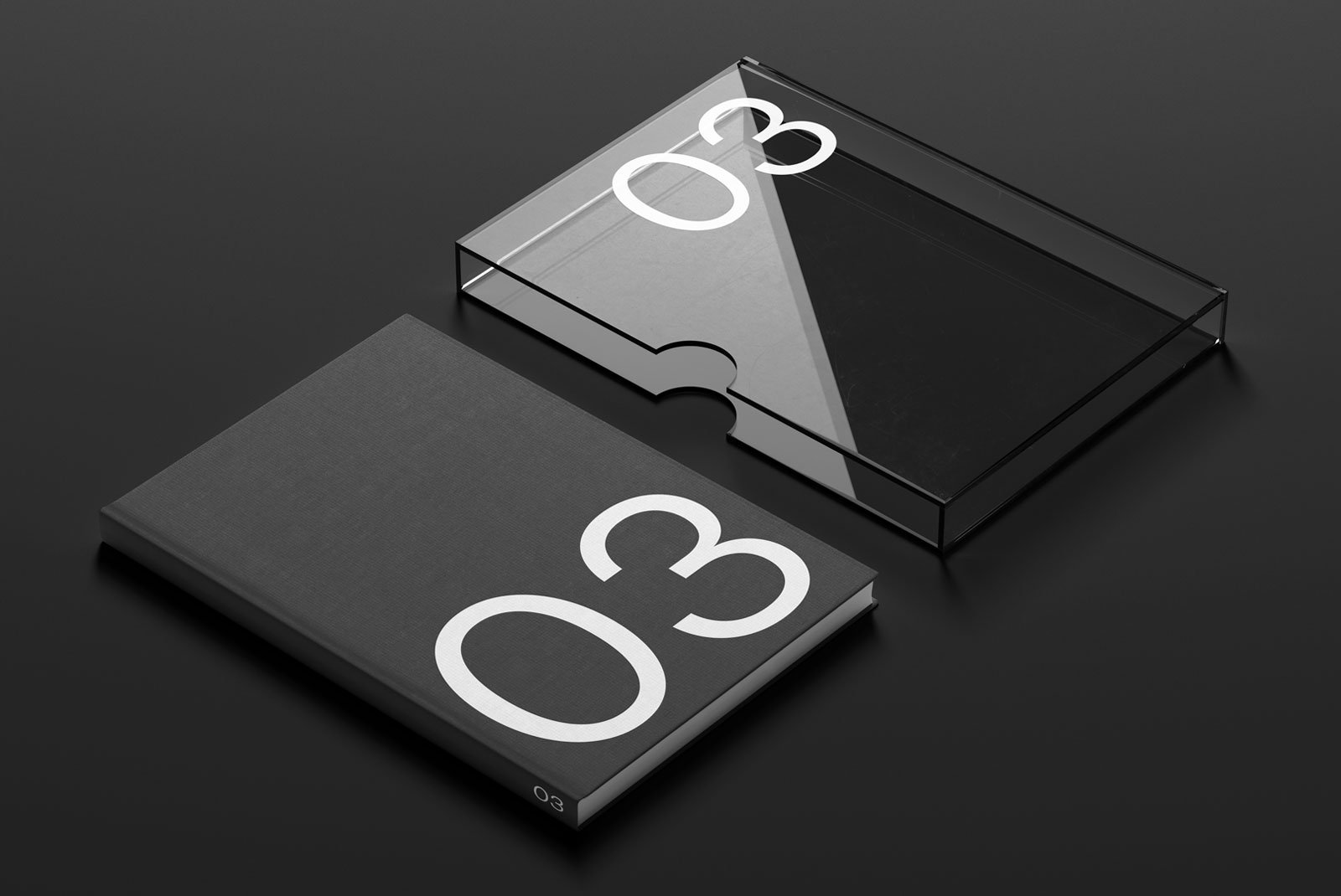 Packaging mockup featuring a sleek black book with a transparent plastic sleeve displaying bold numeral 03. Ideal for graphic designers and packaging design projects.