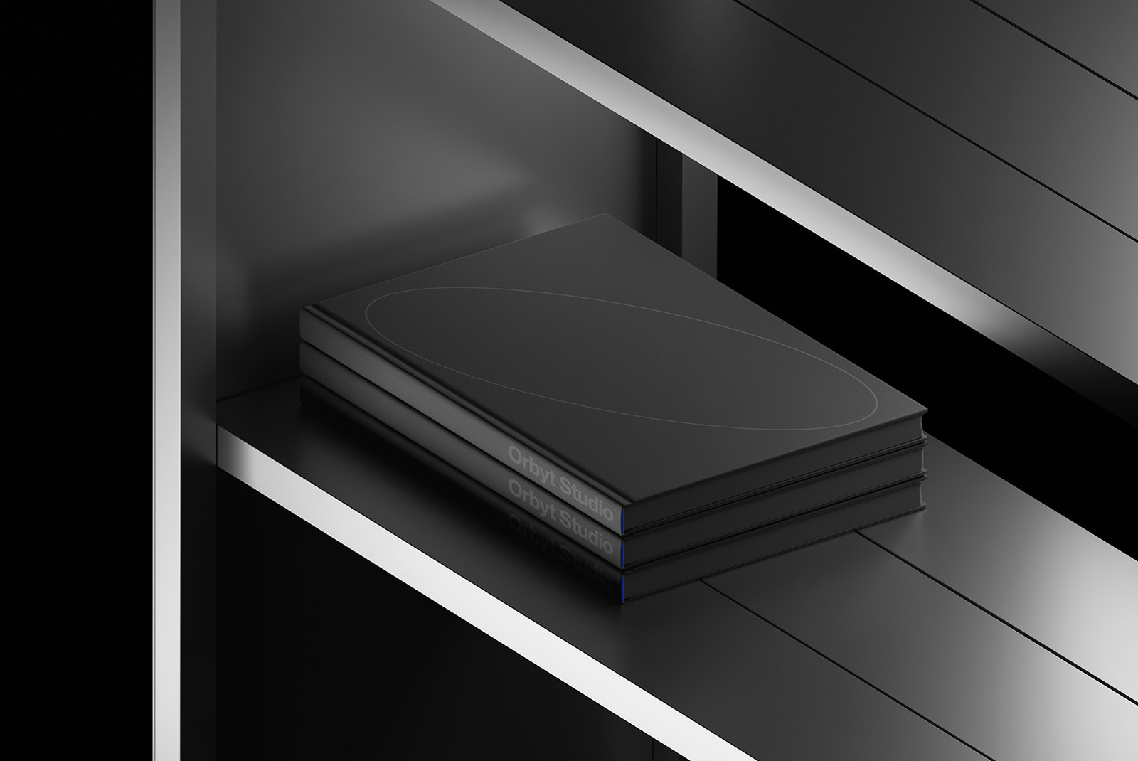 Minimalist stack of hardcover black books on a sleek metallic shelf. Ideal for print mockup designs graphic designers digital assets mockups.