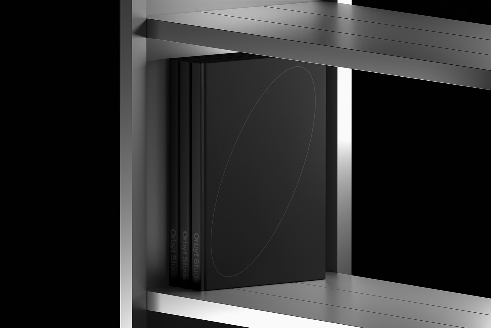 Black hardcover book on a metallic shelf. Subtle minimalist design suitable for Product Mockups, graphic design resources, and print packaging mockups.