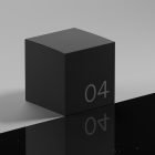 Black cube packaging mockup with minimalistic design and number 04 on dark reflective surface ideal for graphic designers seeking high-quality assets