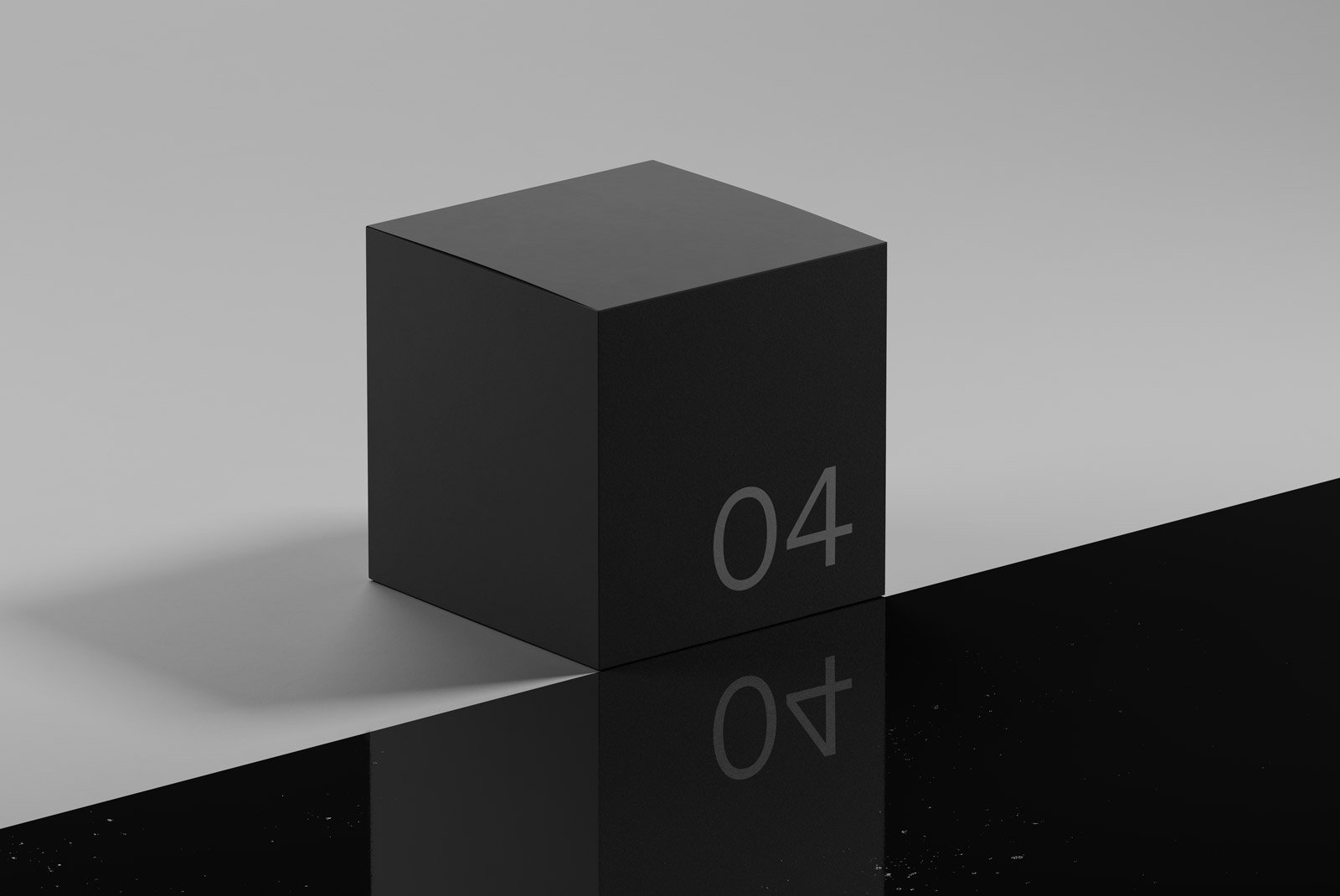 Black cube packaging mockup with minimalistic design and number 04 on dark reflective surface ideal for graphic designers seeking high-quality assets