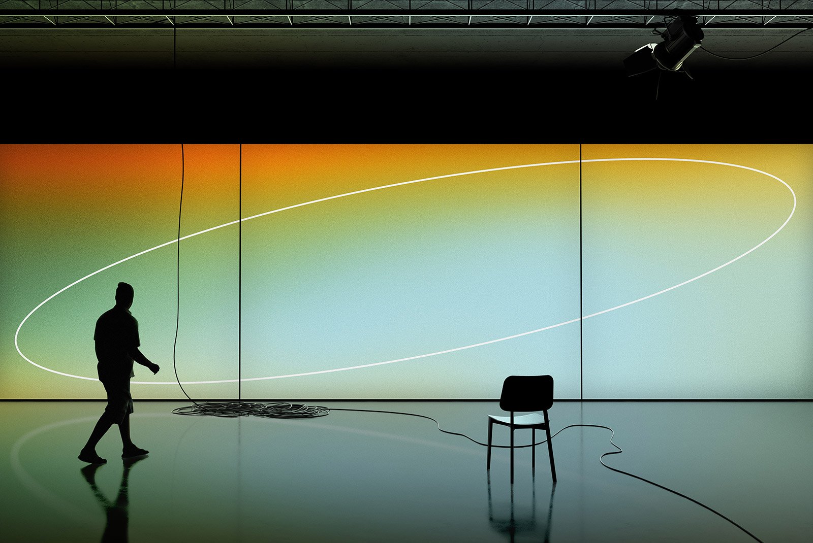 Silhouette of a man walking across a gradient backdrop with minimalistic lined design ideal for graphic design and digital assets in tech mockups and graphic projects.
