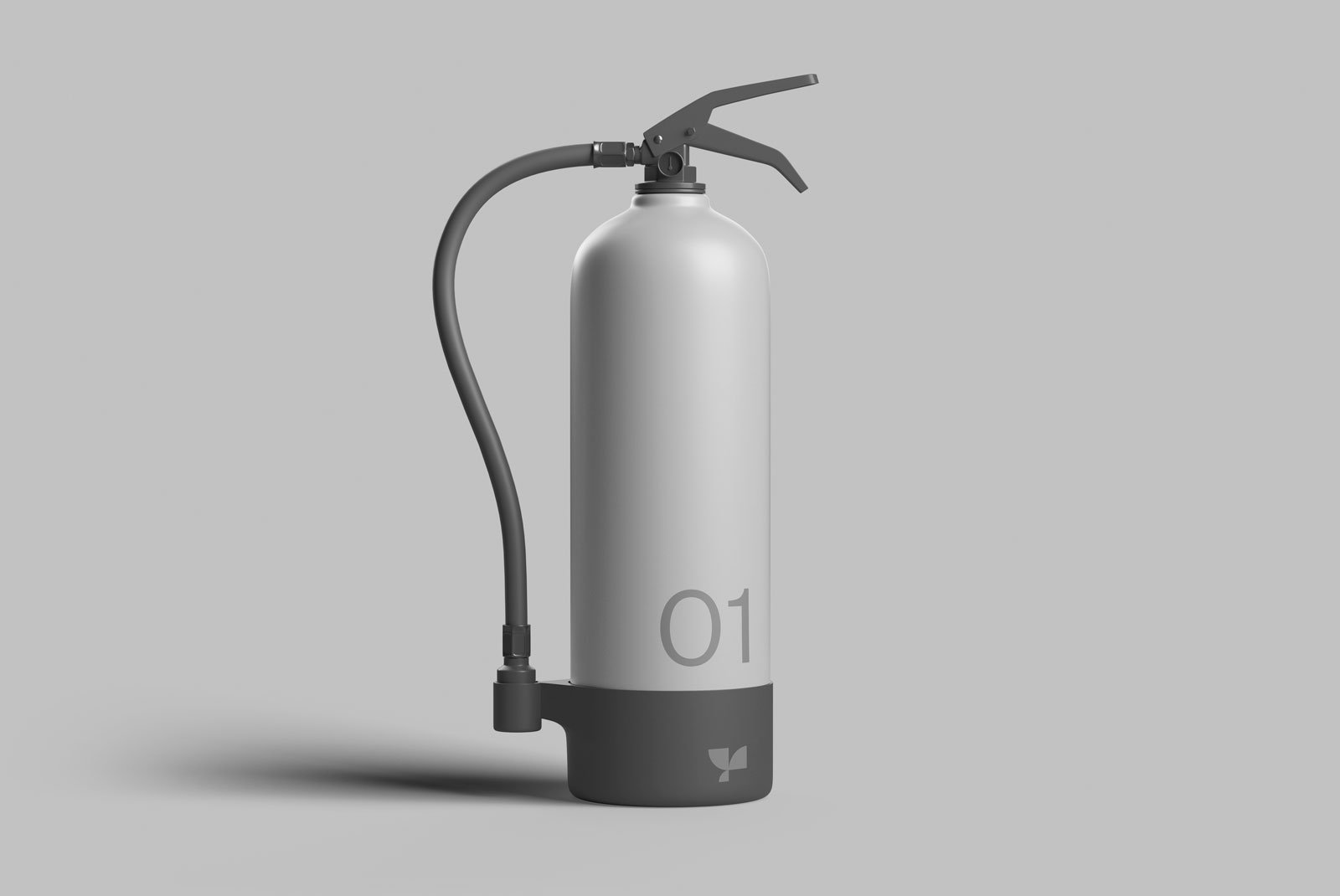Minimalistic fire extinguisher packaging mockup in gray monochrome design. Ideal for graphic designers seeking realistic packaging representations.