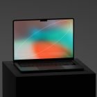 Laptop front view with colorful screen on dark pedestal tech mockup digital assets for designers high-resolution graphic perfect for presentations and portfolios