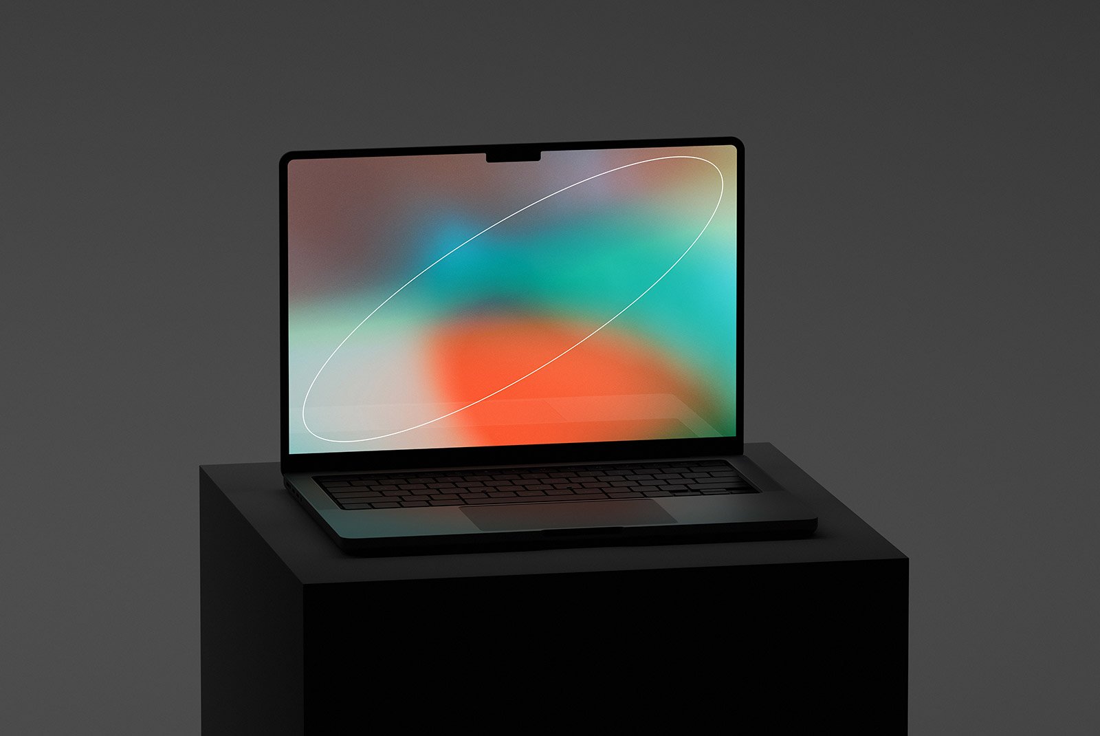 Laptop front view with colorful screen on dark pedestal tech mockup digital assets for designers high-resolution graphic perfect for presentations and portfolios