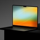 Minimalist laptop mockup with a colorful gradient screen on a dark background. Ideal for tech mockups, design presentations, and graphic design projects.