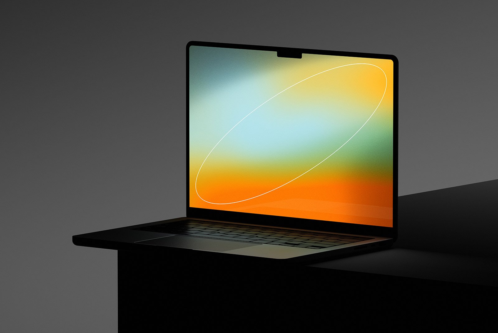 Minimalist laptop mockup with a colorful gradient screen on a dark background. Ideal for tech mockups, design presentations, and graphic design projects.