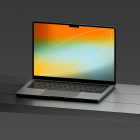 Laptop mockup with modern gradient screen display on a dark table ideal for tech and graphic design projects digital assets for designers easy editing