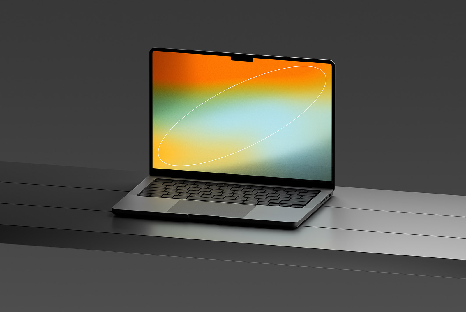 Laptop mockup with modern gradient screen display on a dark table ideal for tech and graphic design projects digital assets for designers easy editing