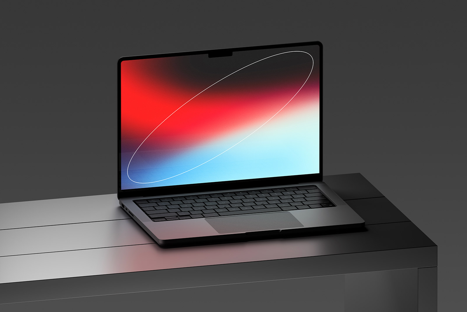 Top view of laptop mockup on dark surface showcasing screen with vibrant red and blue gradient ideal for tech mockup presentations and graphic design projects