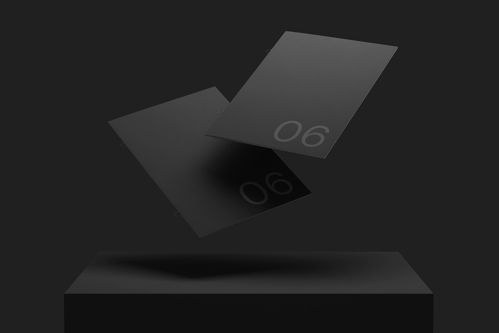 Floating black print mockups with number 06, suitable for professional graphic designers showcasing print templates in a sleek dark-themed presentation.