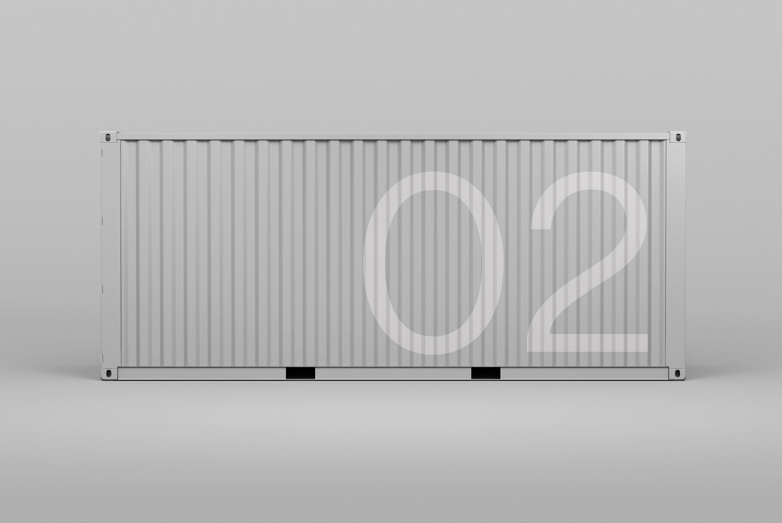 White shipping container mockup with number 02 printed on the side minimalistic design packaging mockups digital assets for graphic designers high resolution.