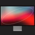 Tech mockup featuring a high-resolution desktop monitor displaying a colorful abstract background with a white ellipse overlay suitable for graphic design.