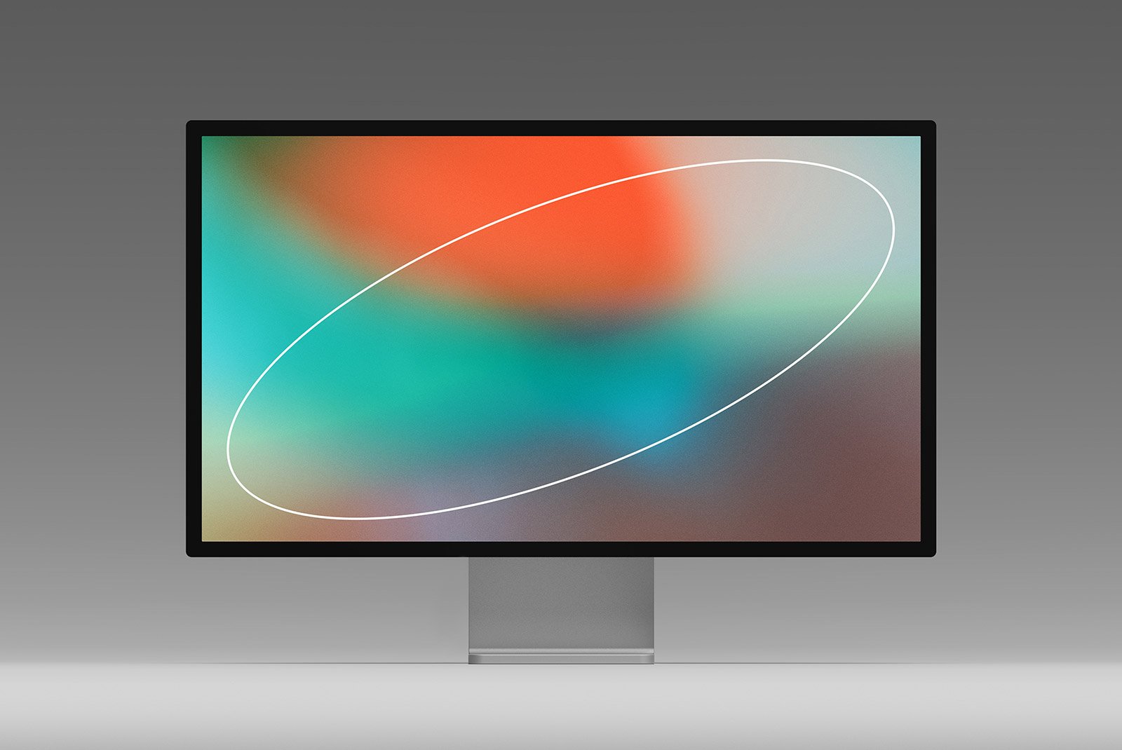 Tech mockup of a high-resolution computer monitor with vibrant abstract background and a white oval line suitable for graphic designers and digital design projects.