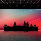 Modern tech mockup featuring a dimly lit office reception desk against a gradient background with sleek abstract lines ideal for graphic designers digital assets