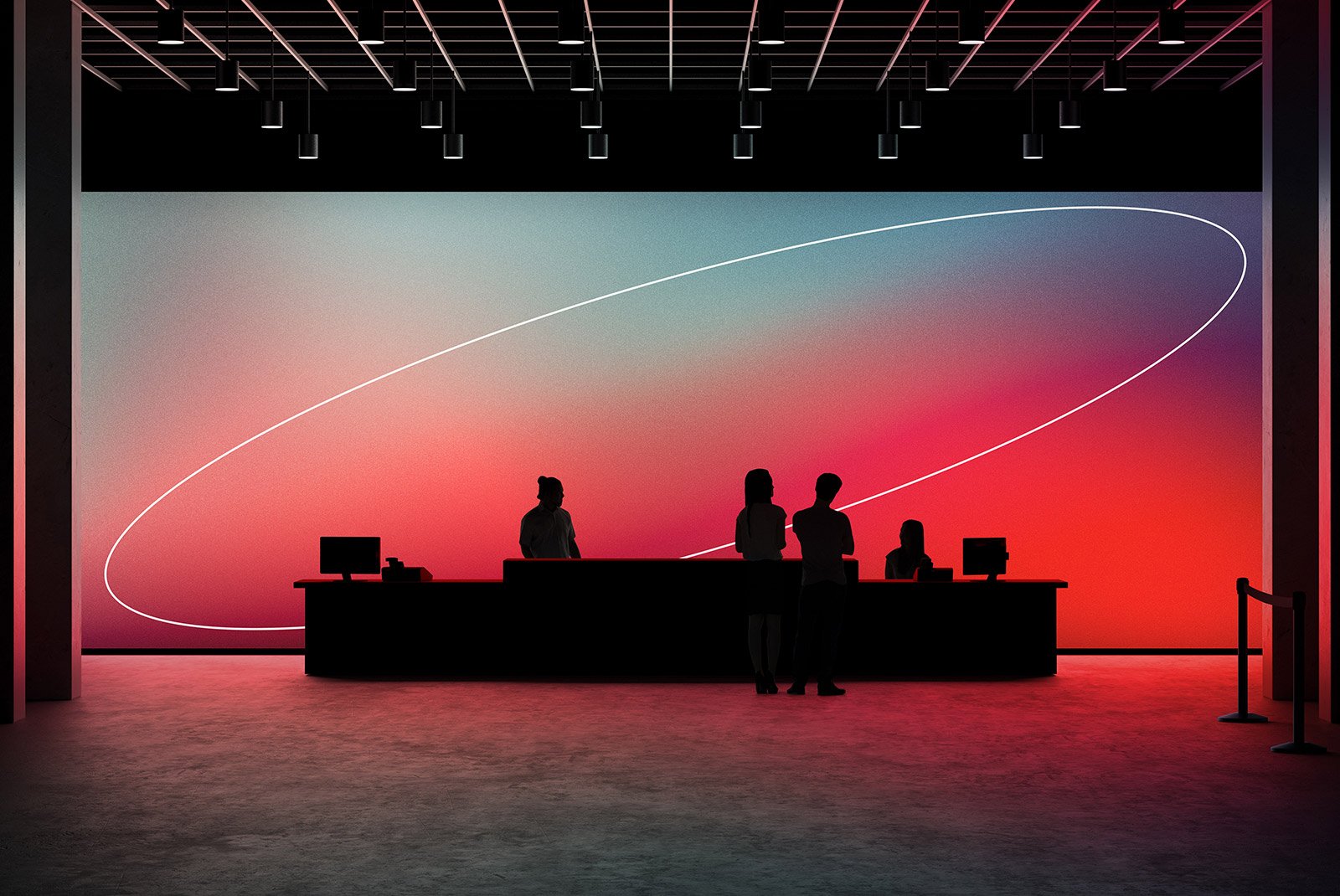 Modern tech mockup featuring a dimly lit office reception desk against a gradient background with sleek abstract lines ideal for graphic designers digital assets