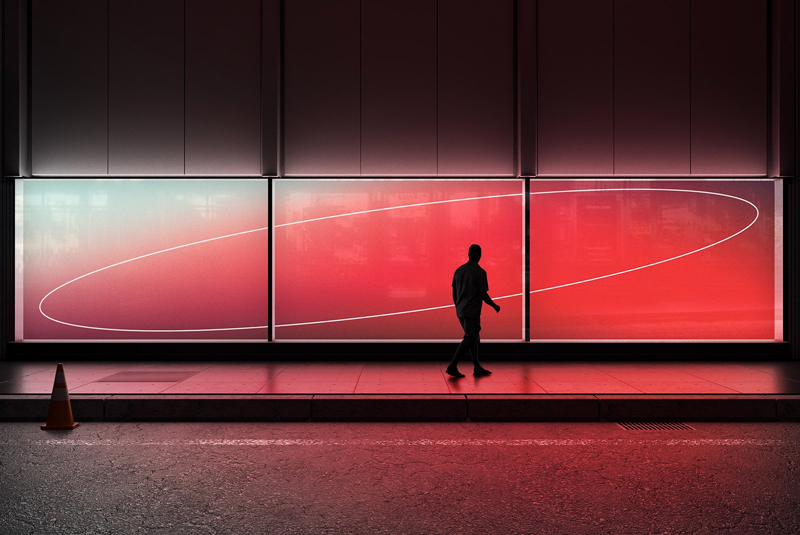 Silhouette of a person walking past a large, red billboard with modern minimalist design and white lines, suitable for graphic designers and billboard mockups.