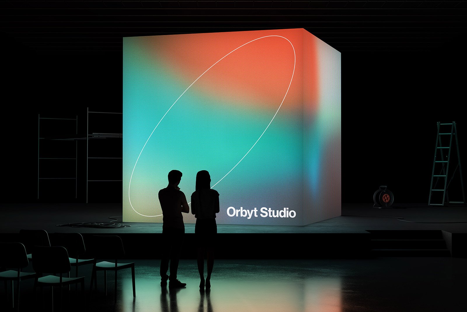 Digital billboard mockup with colorful gradient background displaying Orbyt Studio. Two people standing in front. Perfect for graphic and billboard designers.