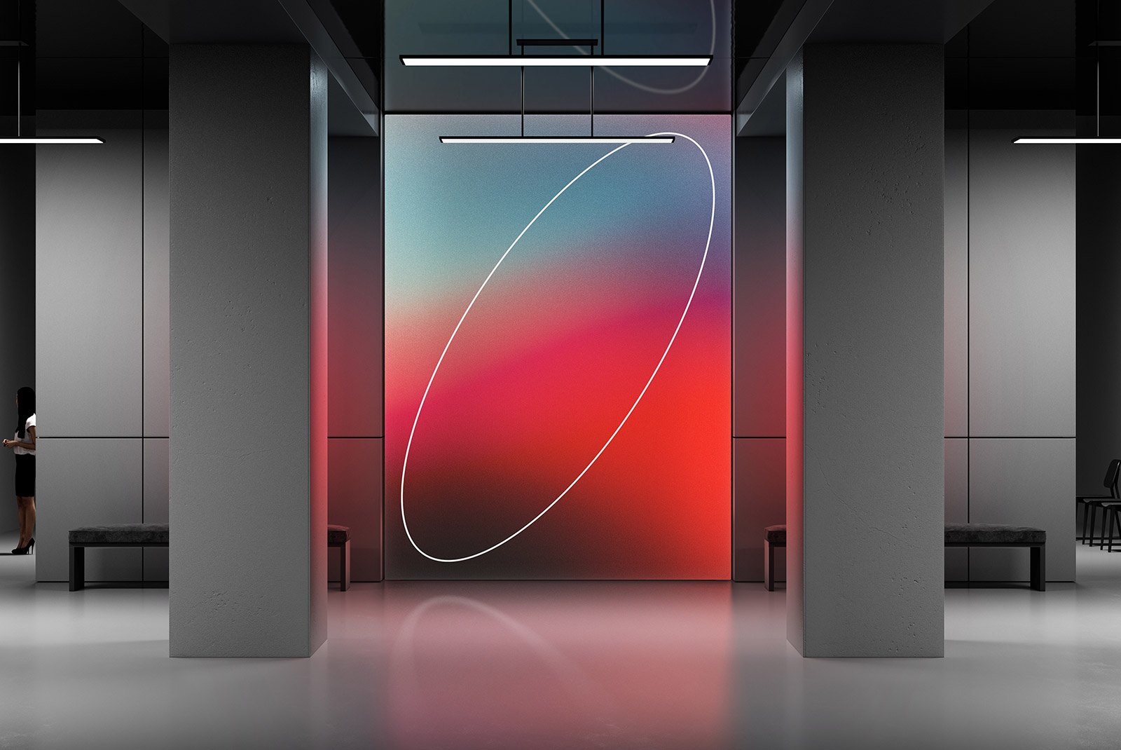 A modern office lobby features a large, colorful abstract billboard with smooth gradients and minimalist designs suitable for digital and print mockups for designers.