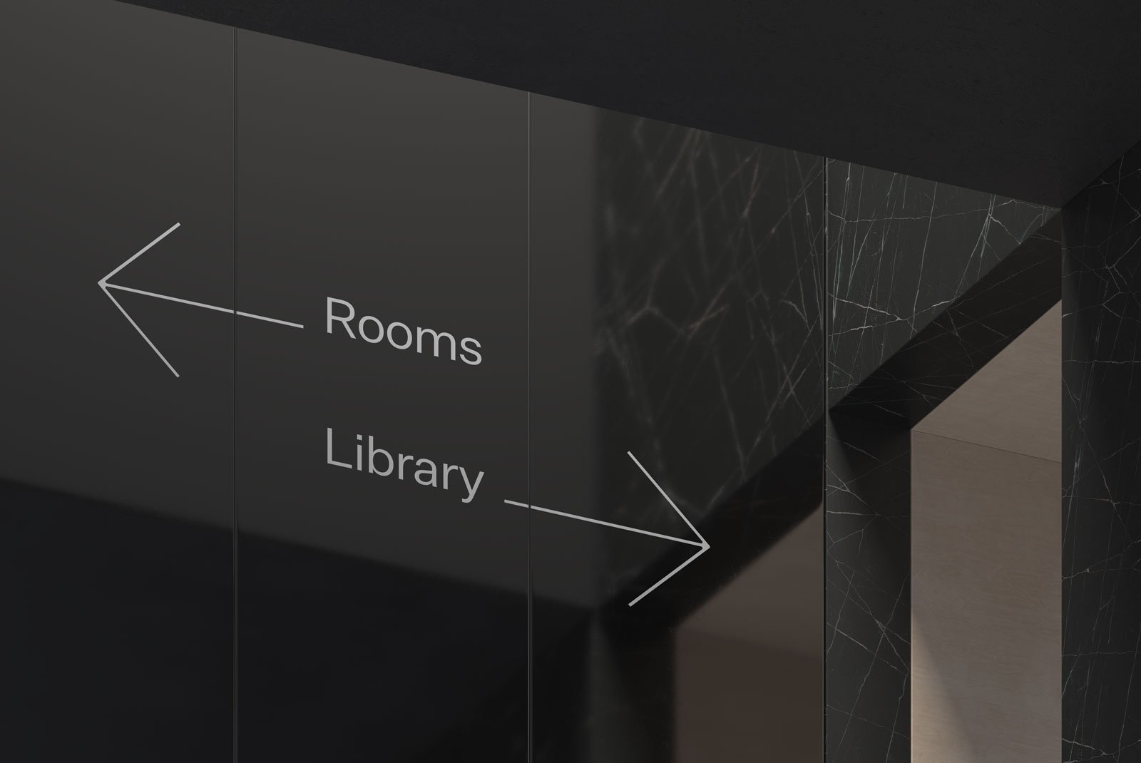 Modern sign directing to rooms left and library right in black marble wall setting. Ideal for print mockups packaging mockups interior design graphics.