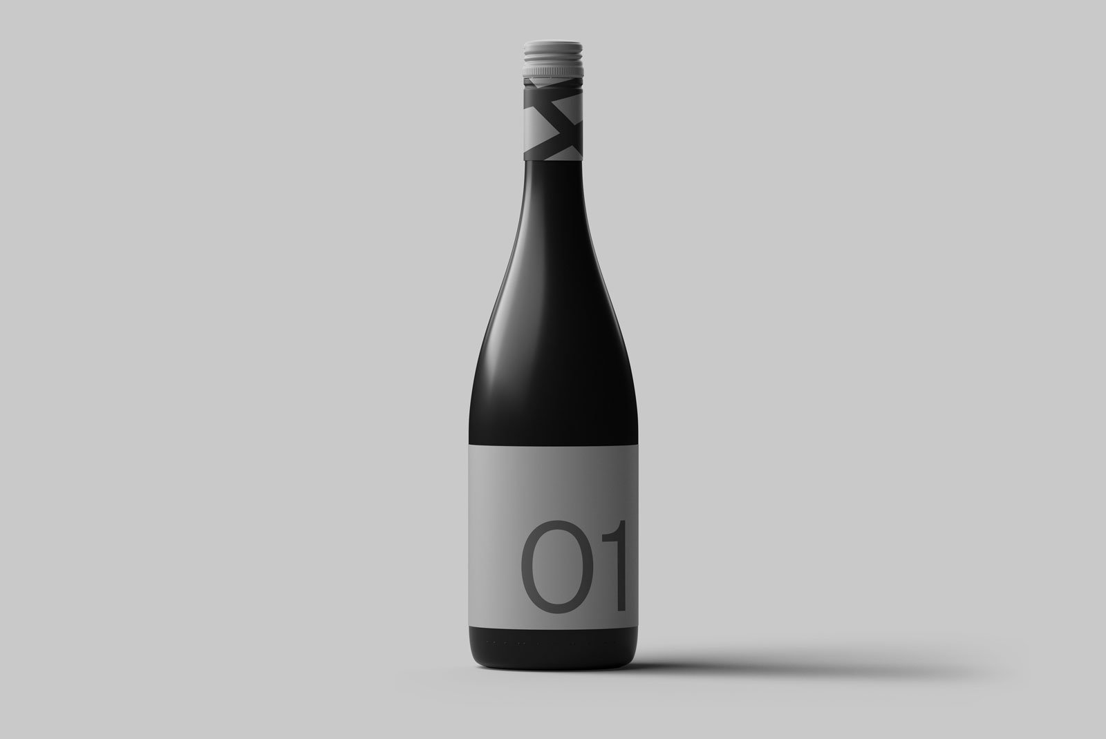 Wine bottle packaging mockup with minimalist design on grey background ideal for showcasing label designs for graphic designers and packaging presentation.