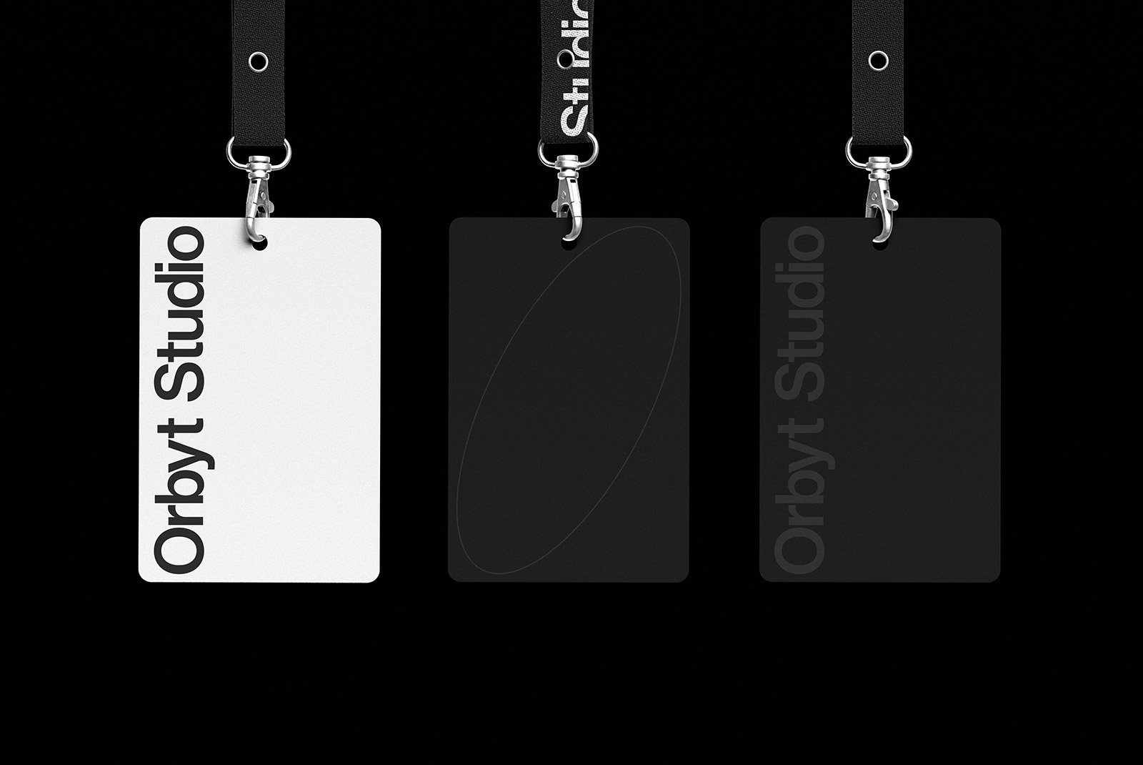 Mockup of three vertical ID badges with lanyards from Orbyt Studio. Ideal for graphic designers. Categories Print mockups, Packaging mockups, Apparel mockups.
