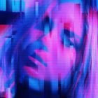 Vibrant abstract digital artwork with glitch effects portraying a woman's face in blue and pink hues. Ideal for graphic design and Photoshop effects projects.