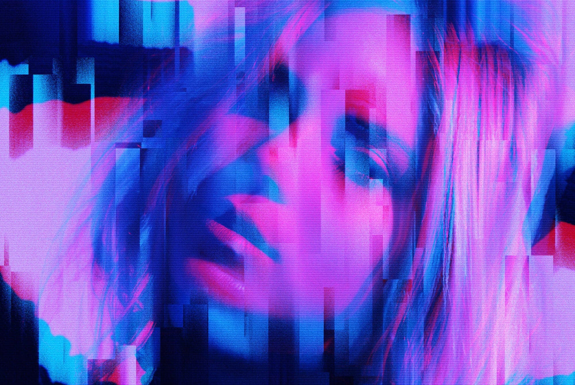 Vibrant abstract digital artwork with glitch effects portraying a woman's face in blue and pink hues. Ideal for graphic design and Photoshop effects projects.