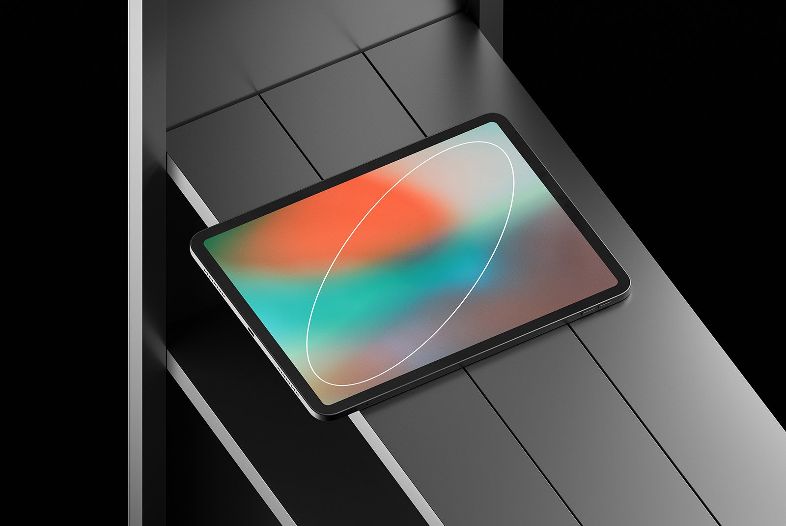 Tech mockup of a tablet with a colorful abstract screen on a sleek black surface perfect for graphic designers in need of digital assets for tech-related projects.