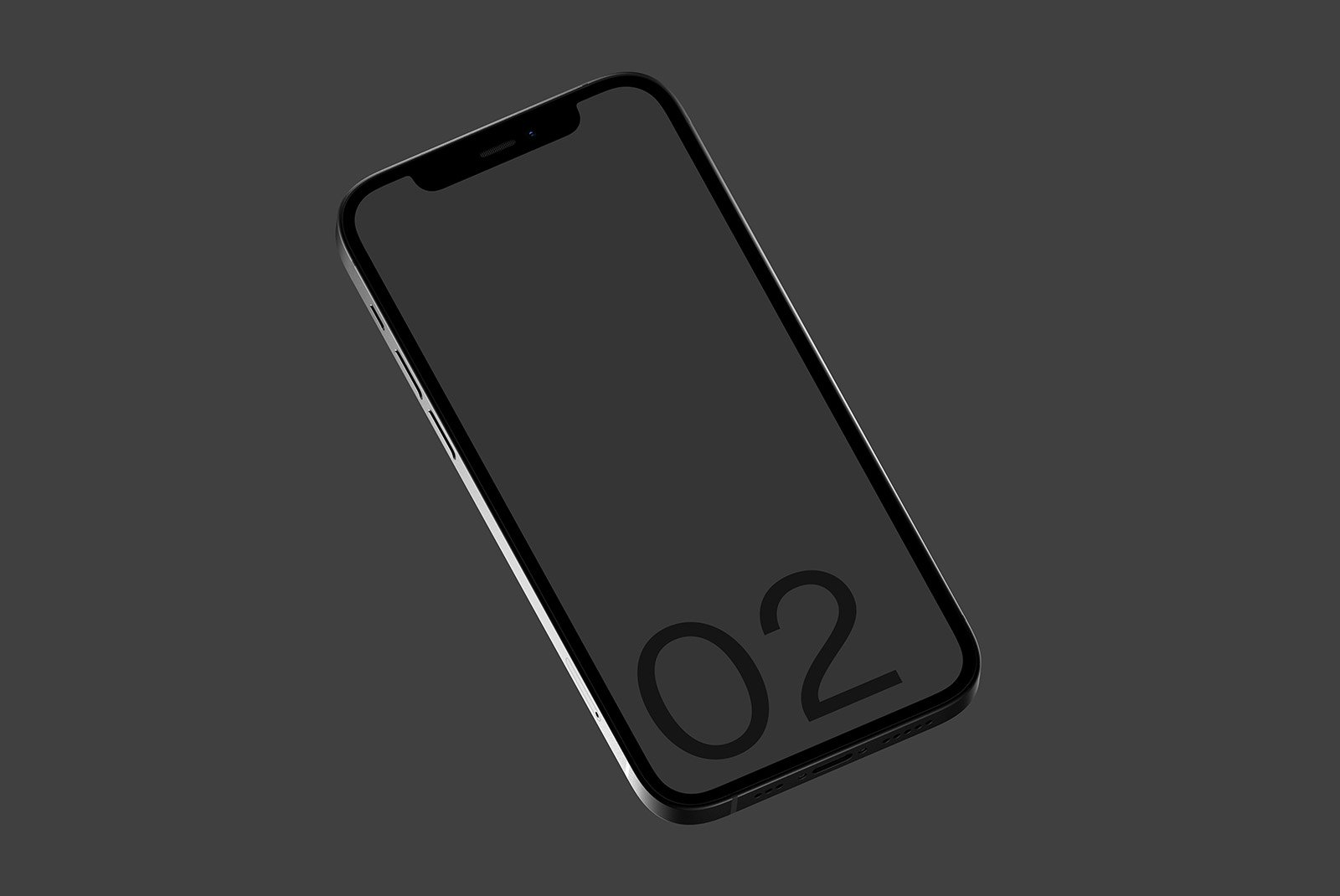 iPhone tech mockup with dark screen and minimalist design highlighting number 02. Ideal for graphic designers and digital assets. Suitable for tech presentation.