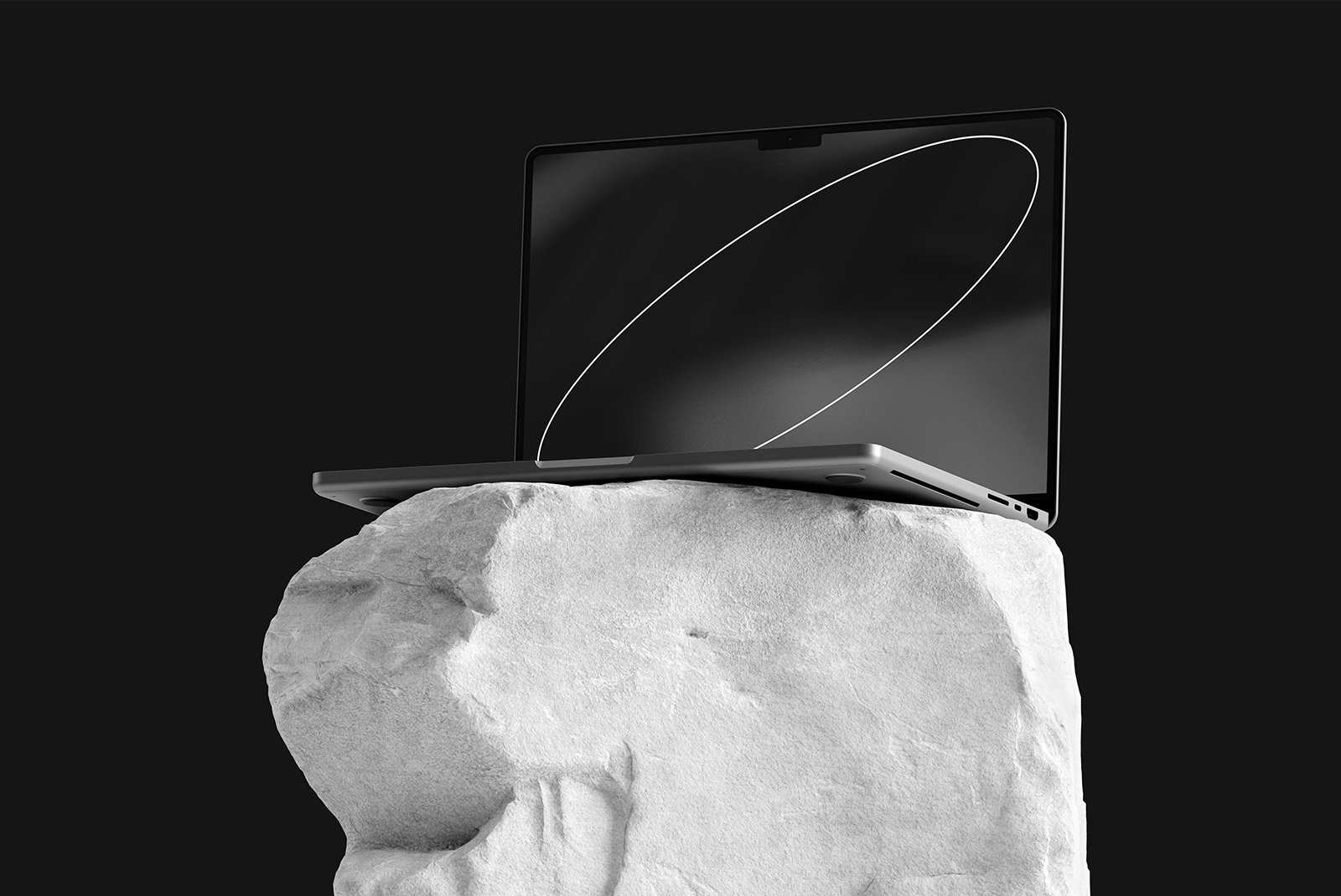 Modern laptop mockup placed on a stone with dark background perfect for tech mockups digital assets graphic designers abstract minimalistic presentation