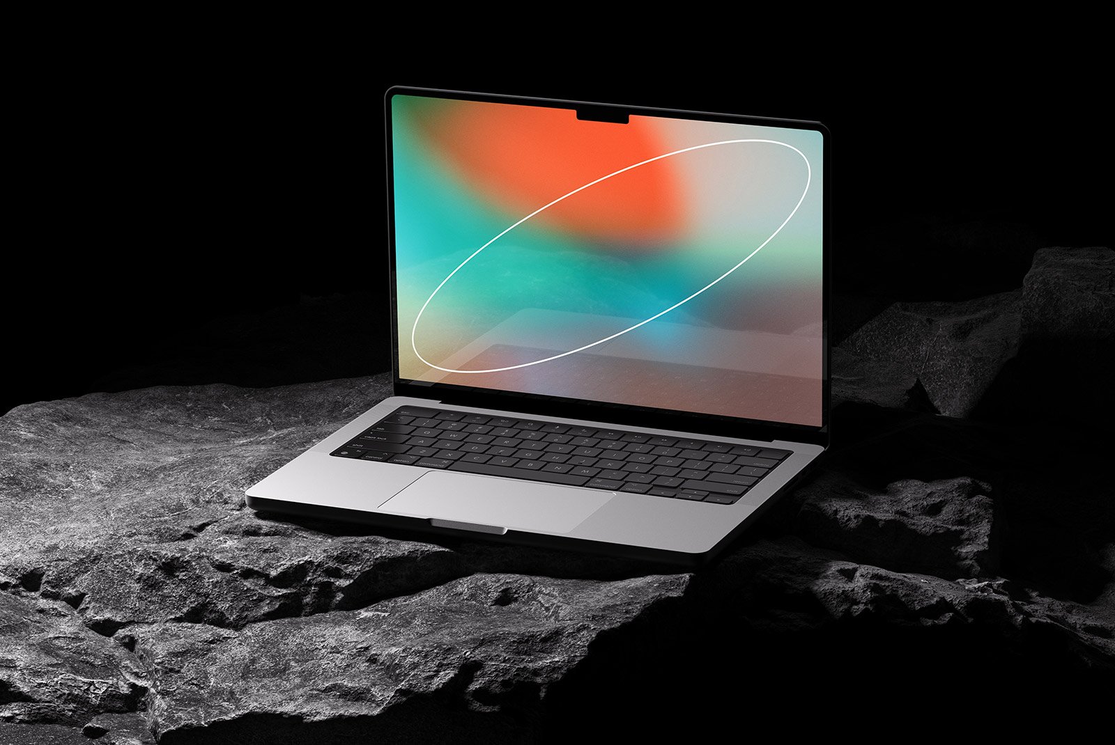 Laptop mockup for tech designs, featuring a sleek screen with abstract background placed on rocky surface. Ideal for graphic designers showcasing digital assets.