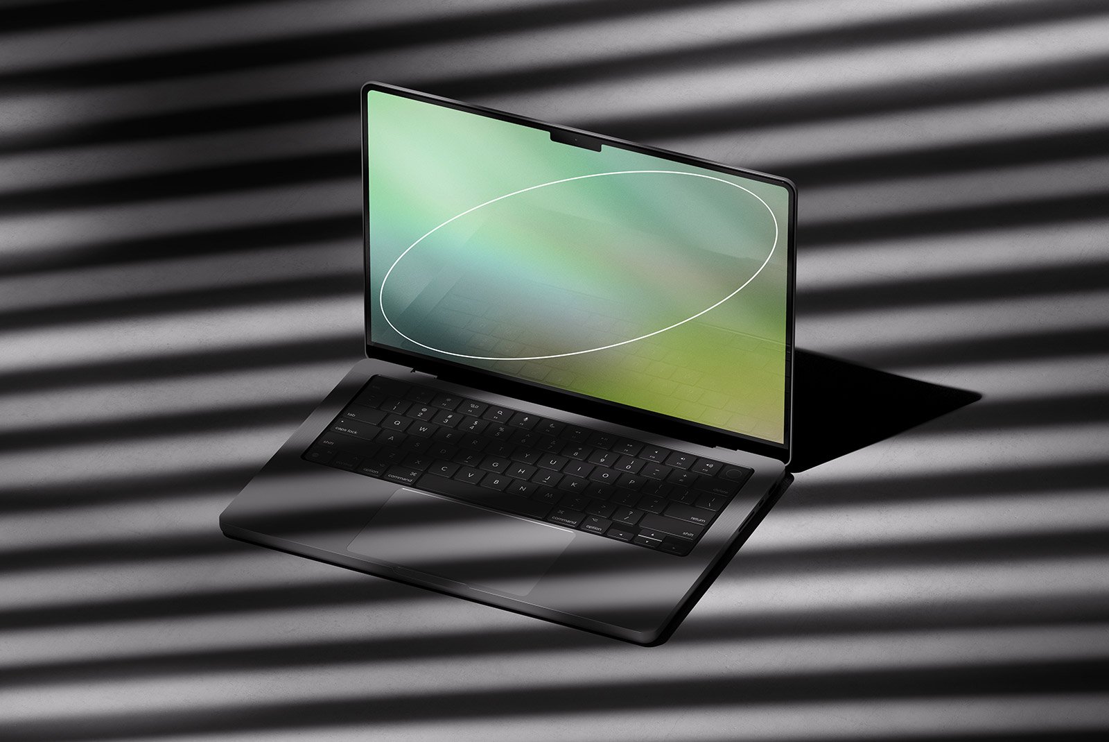 Laptop with abstract green wallpaper isolated on shadowed surface computer tech mockup digital asset graphic design resource for designers and creatives