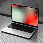Laptop with a patterned screen displayed on a perforated metal surface perfect for tech mockups product presentations website or graphic design previews.