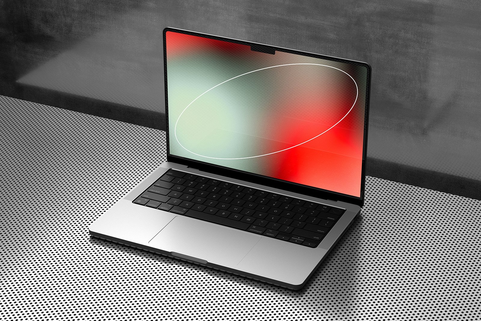 Laptop with a patterned screen displayed on a perforated metal surface perfect for tech mockups product presentations website or graphic design previews.