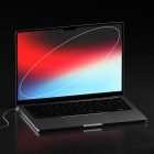 Mockup of an open laptop with a vibrant screen on a black surface suitable for showcasing tech designs. Ideal for graphic designers Tech mockups digital assets.