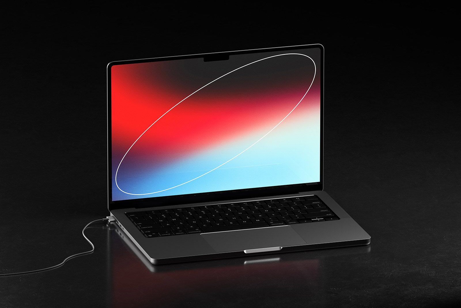 Mockup of an open laptop with a vibrant screen on a black surface suitable for showcasing tech designs. Ideal for graphic designers Tech mockups digital assets.