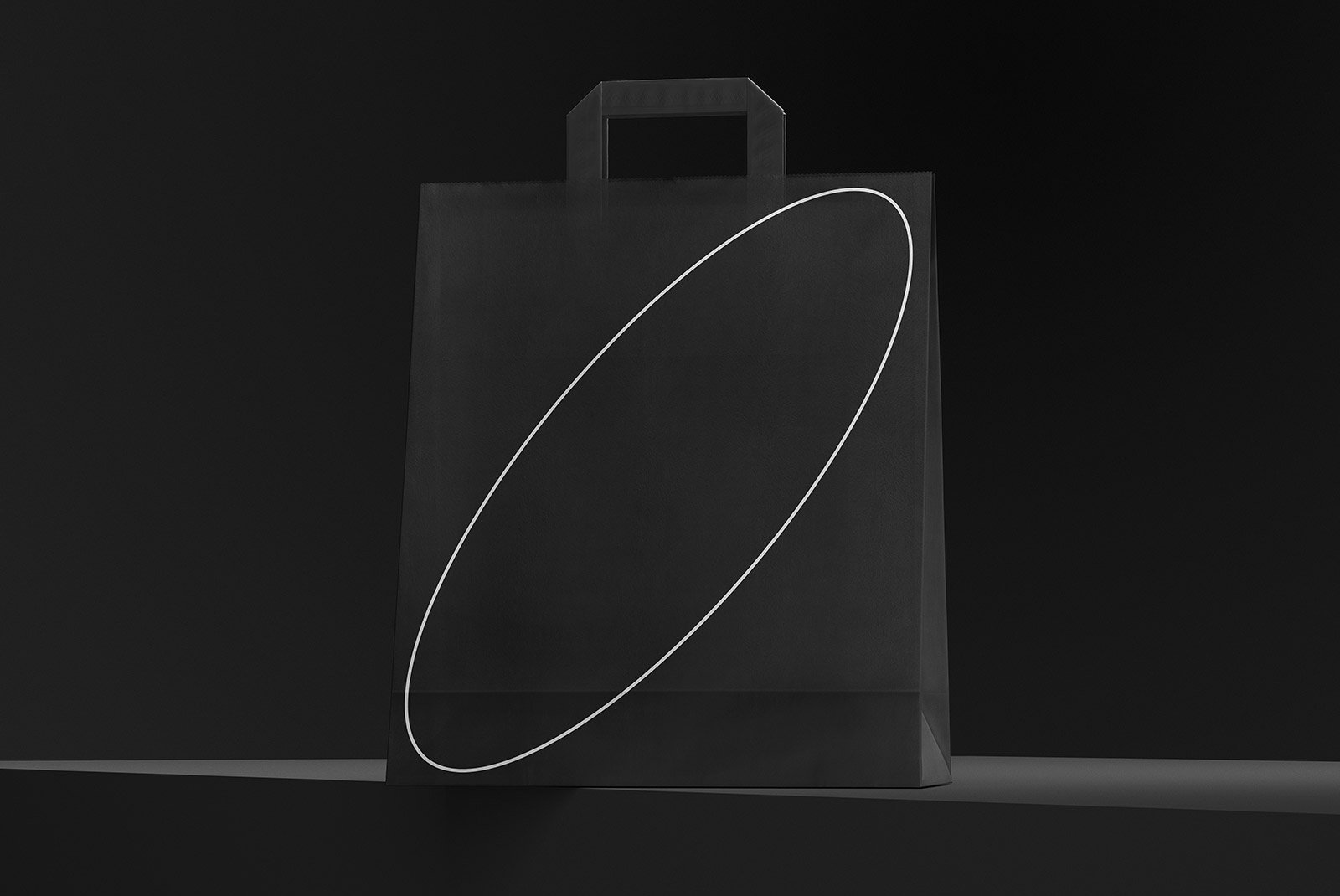 Black paper shopping bag mockup featuring minimalistic design against dark background ideal for packaging branding projects for graphic designers.