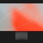 Digital monitor mockup with abstract red gradient and white geometric shapes ideal for UX UI design presentations tech mockups and graphic design.