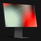 Monitor mockup with modern stand, displaying abstract gradient background in red, green, black. Ideal for tech mockups, graphics, digital assets for designers.