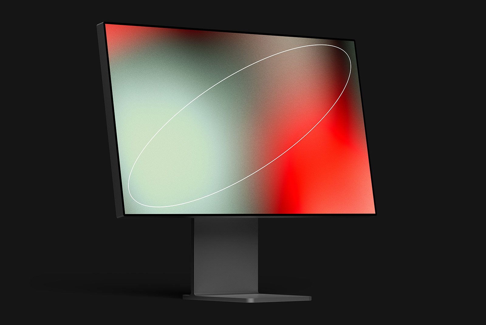 Monitor mockup with modern stand, displaying abstract gradient background in red, green, black. Ideal for tech mockups, graphics, digital assets for designers.