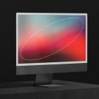 Tech mockup of a sleek desktop monitor displaying a colorful gradient background with a white oval shape on the screen. Ideal for graphic designers and presentations.