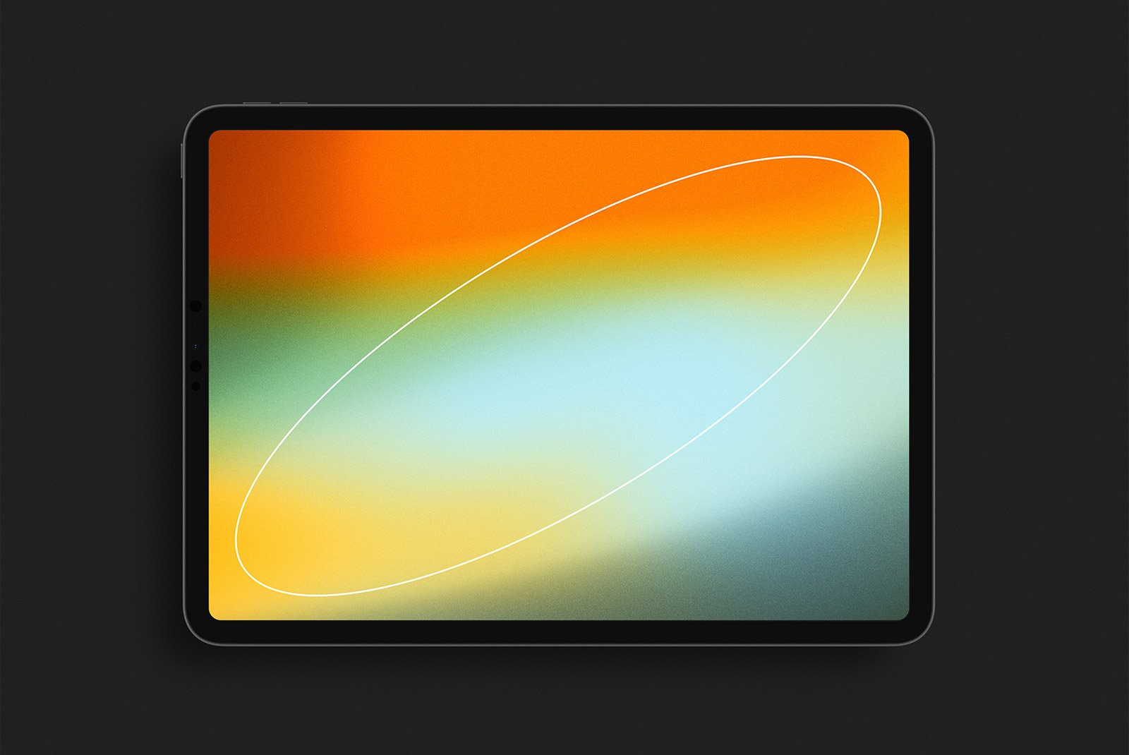 Digital tablet screen mockup with a vibrant abstract display on a dark background. Perfect for tech mockups and digital presentations for graphic designers.