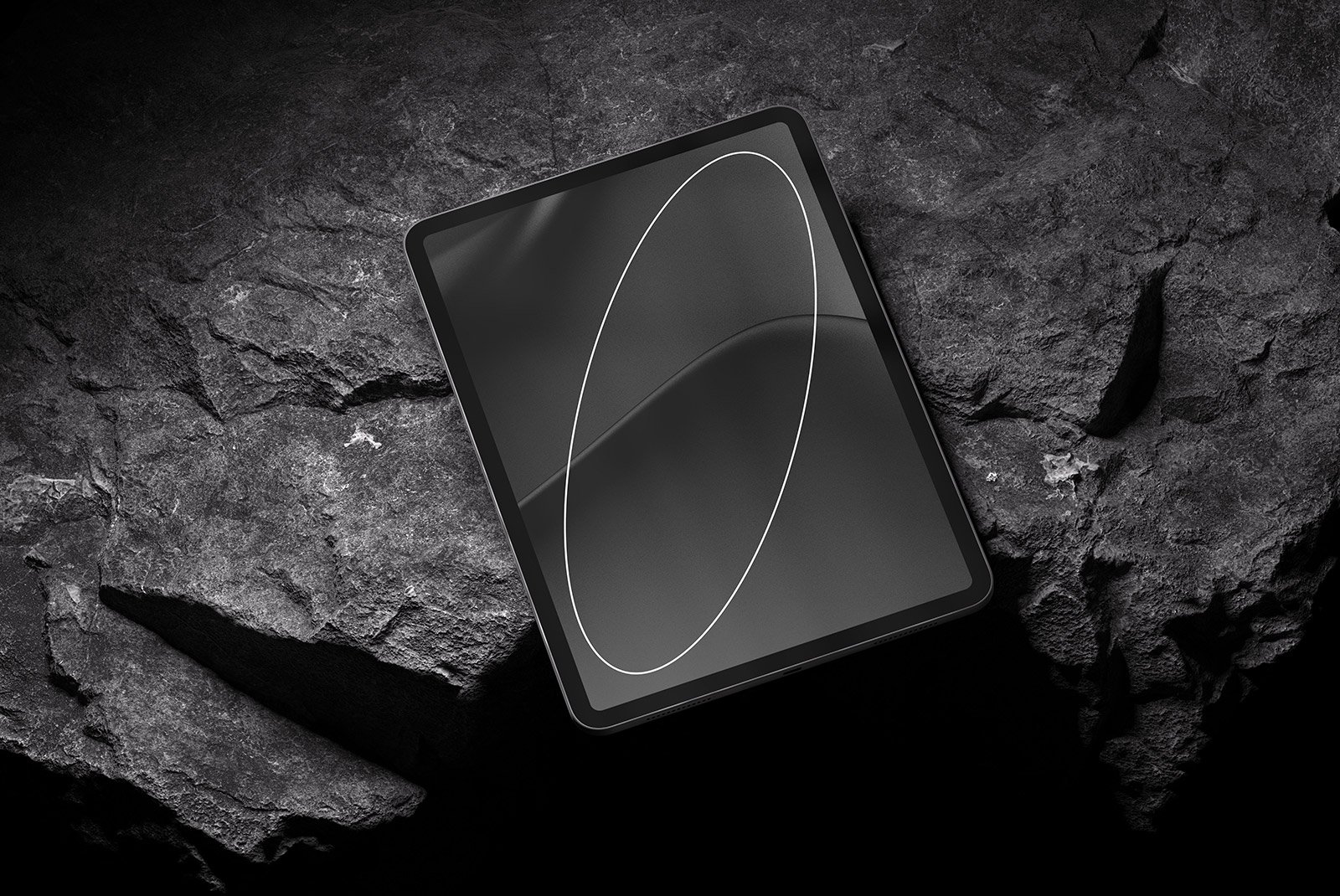 Tablet mockup with a blank screen on a dark textured stone background ideal for tech mockups digital design display layouts or presentation templates.