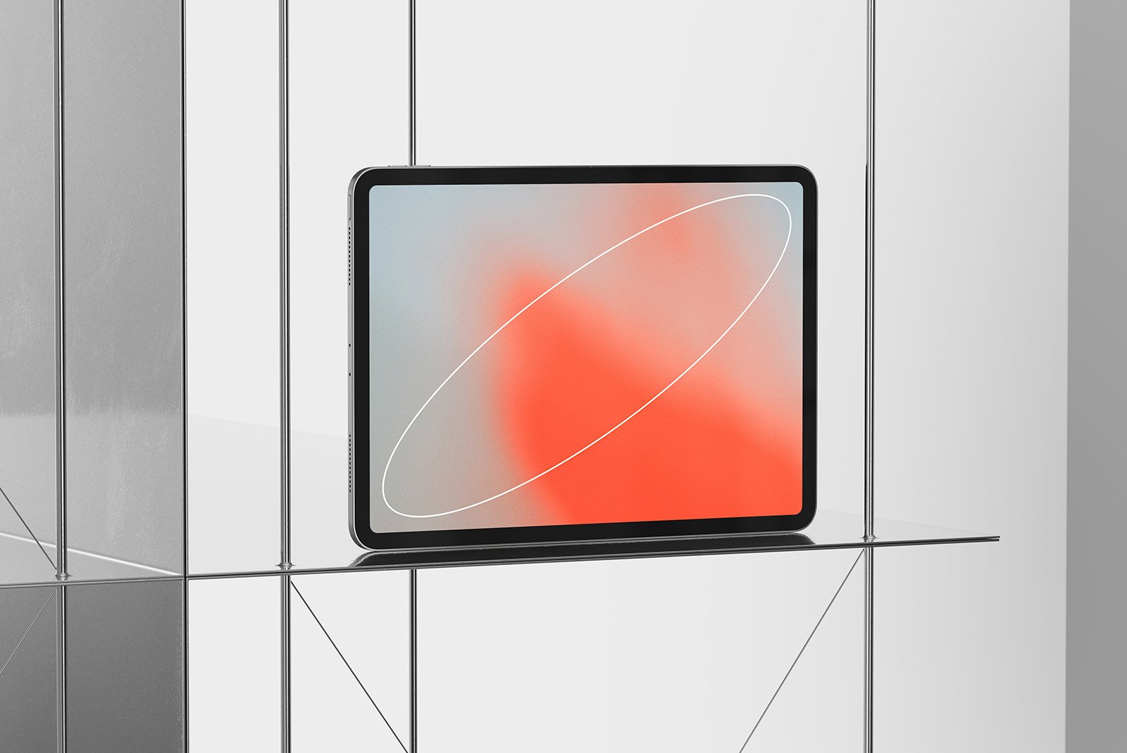 Tablet with red and gray abstract screen displayed on glass shelf with minimal metal frame background tech mockups digital asset graphic design resources