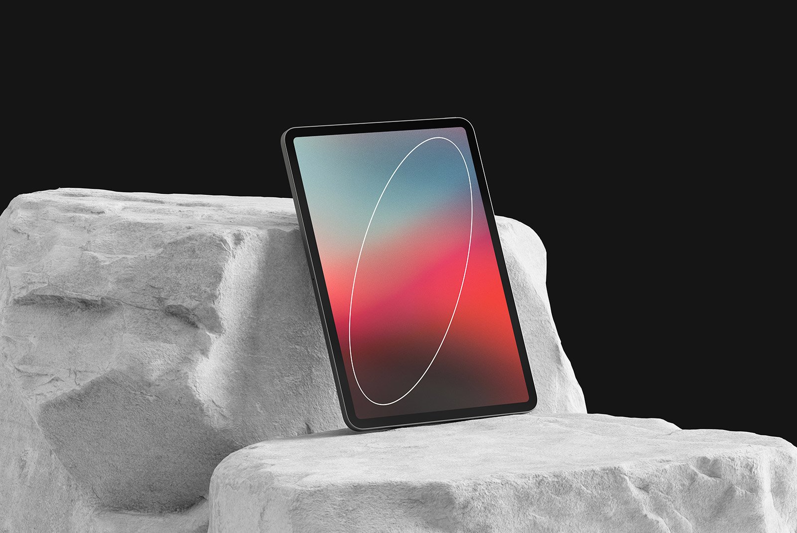 Tablet tech mockup on textured stone surface showcasing digital display for graphic designers digital assets store tech mockups PSD Photoshop effects realism