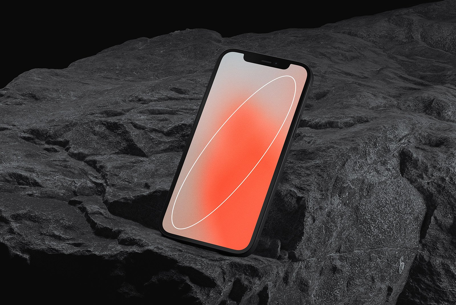 iPhone mockup with abstract red and white wallpaper displayed on a textured rock surface ideal for tech mockups designers graphic design resources digital assets