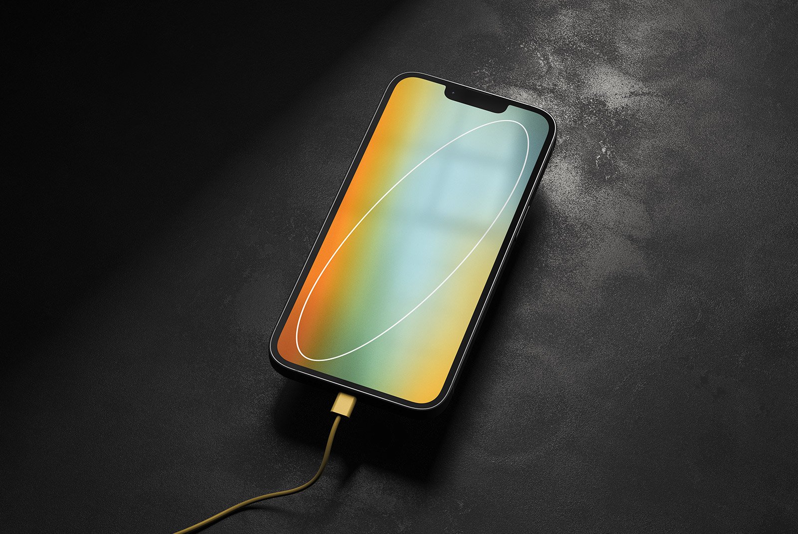 Minimalist tech mockup featuring a smartphone with a vibrant screen design and USB cable, perfect for showcasing app interfaces or digital artwork for graphic designers.